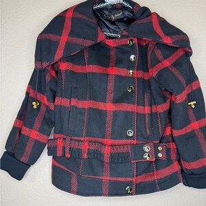 Baby Phat Plaid Peacoat Jacket Womens L Black Red Wool Blend Hooded Y2K Hip Hop